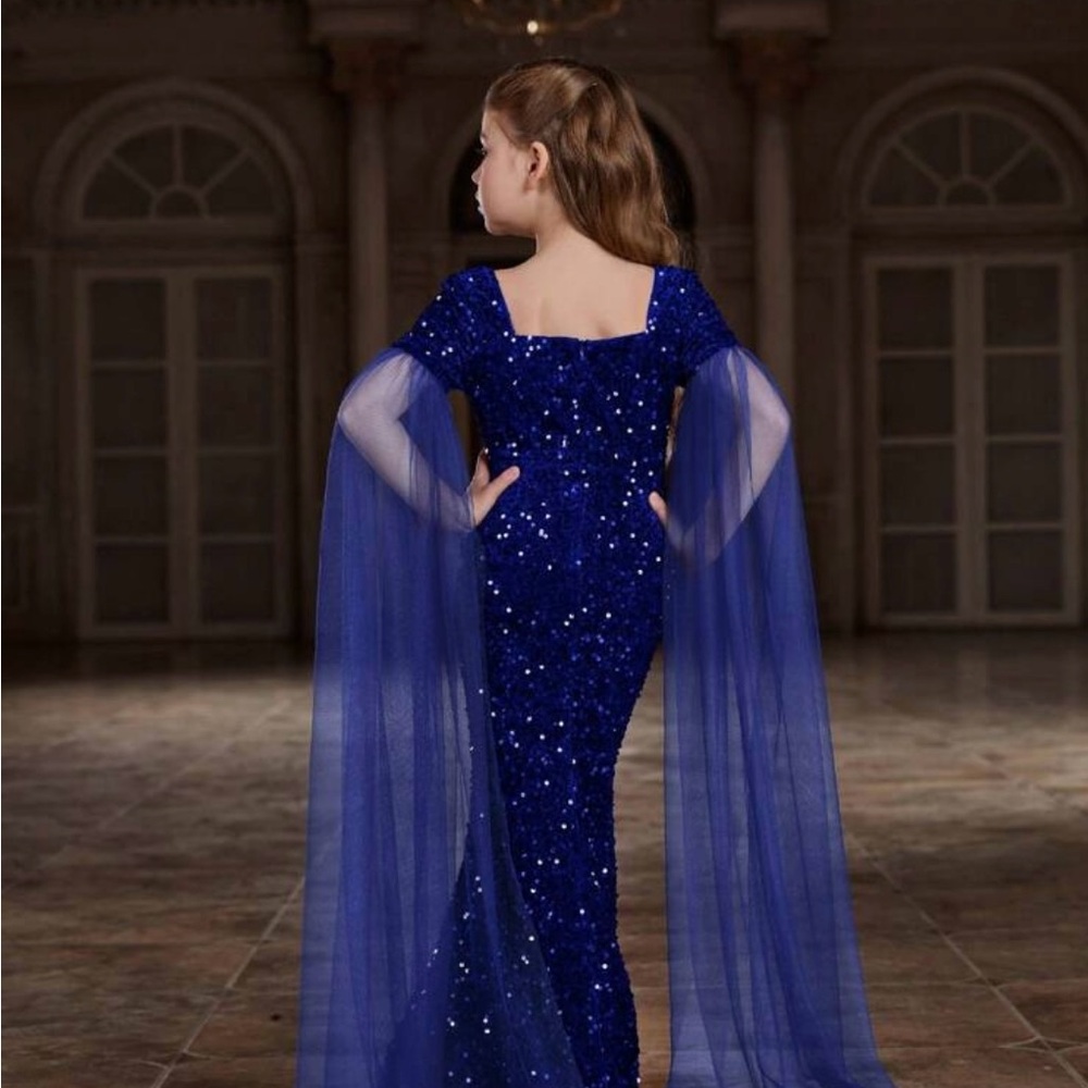 Girls Sparkly, Mermaid Dress With High Neckline And Extra Long Sheer Sleeves